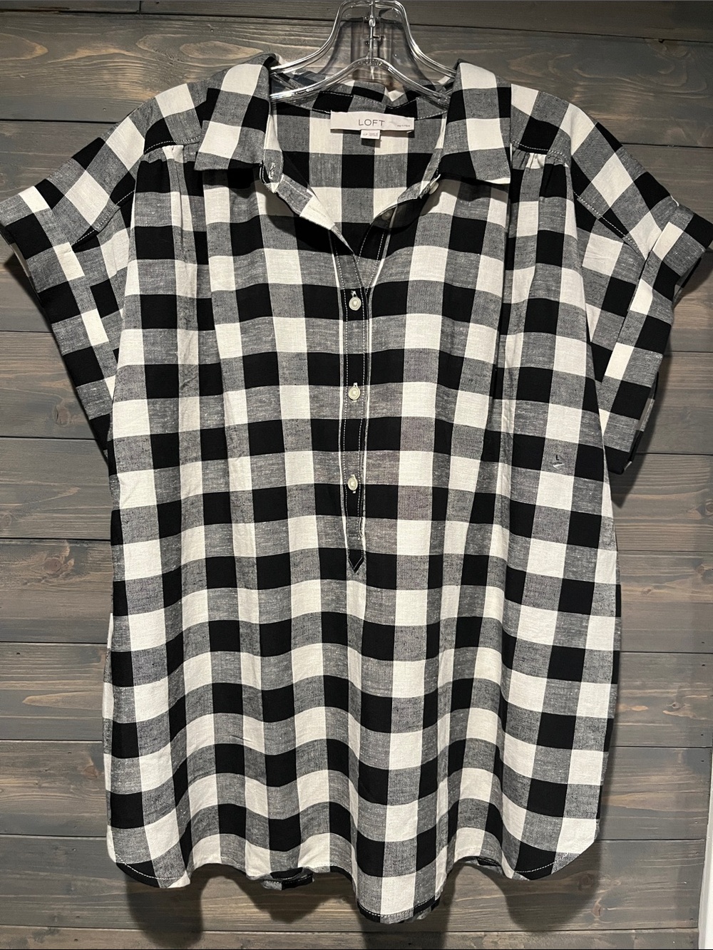 NWOT LOFT Black & White Check Short-Sleeve Button-Down Shirt LP